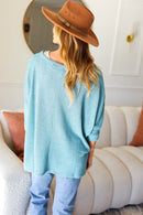 Just My Type Dusty Teal Jacquard Hi-Low V Neck Sweater (Open Pack)