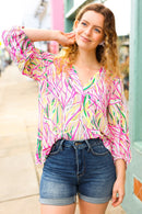 Life's A Party Fuchsia & Yellow Abstract Print V Neck Top (Open Pack)