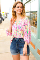 Life's A Party Fuchsia & Yellow Abstract Print V Neck Top (Open Pack)