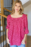 Perfectly You Fuchsia Floral Three Quarter Sleeve Square Neck Top (Open Pack)