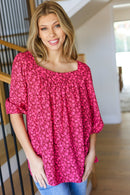 Perfectly You Fuchsia Floral Three Quarter Sleeve Square Neck Top (Open Pack)