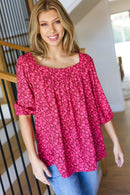 Perfectly You Fuchsia Floral Three Quarter Sleeve Square Neck Top (Open Pack)