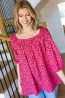Perfectly You Fuchsia Floral Three Quarter Sleeve Square Neck Top (Open Pack)
