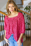 Perfectly You Fuchsia Floral Three Quarter Sleeve Square Neck Top (Open Pack)