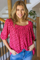 Perfectly You Fuchsia Floral Three Quarter Sleeve Square Neck Top (Open Pack)