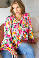 Pretty In Pink Watercolor Floral Yoke Tie Top (Open Pack)
