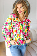 Pretty In Pink Watercolor Floral Yoke Tie Top (Open Pack)