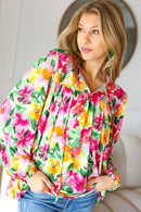 Pretty In Pink Watercolor Floral Yoke Tie Top (Open Pack)