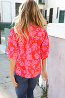 New Day Red Ribbon Bow Detail Floral Woven Blouse (Open Pack)