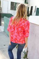 New Day Red Ribbon Bow Detail Floral Woven Blouse (Open Pack)
