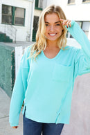 Eyes On You Seafoam Mineral Wash Rib Notch Neck Pocket Top (Open Pack)