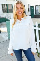 Eyes On You Ivory Ribbon Tie Bow Square Neck Ruffle Bubble Sleeve Blouse (Open Pack)