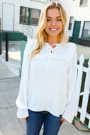 Eyes On You Ivory Ribbon Tie Bow Square Neck Ruffle Bubble Sleeve Blouse (Open Pack)
