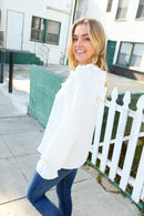 Eyes On You Ivory Ribbon Tie Bow Square Neck Ruffle Bubble Sleeve Blouse (Open Pack)