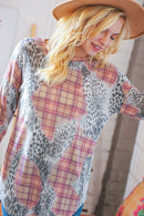 Taupe Leopard Plaid Rib Knit Round Neck Pullover (Open Pack)