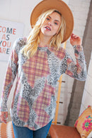 Taupe Leopard Plaid Rib Knit Round Neck Pullover (Open Pack)
