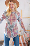 Taupe Leopard Plaid Rib Knit Round Neck Pullover (Open Pack)