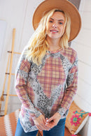 Taupe Leopard Plaid Rib Knit Round Neck Pullover (Open Pack)
