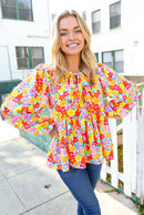 Chasing Dreams Ribbon Tie Bow Babydoll Puff Elastic Sleeve Floral Top (Open Pack)