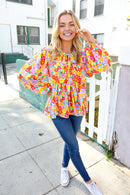 Chasing Dreams Ribbon Tie Bow Babydoll Puff Elastic Sleeve Floral Top (Open Pack)