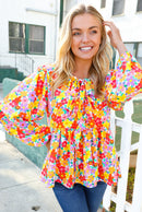 Chasing Dreams Ribbon Tie Bow Babydoll Puff Elastic Sleeve Floral Top (Open Pack)