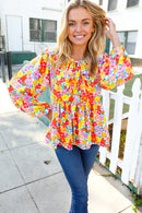 Chasing Dreams Ribbon Tie Bow Babydoll Puff Elastic Sleeve Floral Top (Open Pack)