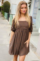 Chocolate/Black Square Neck Tie Back Babydoll Pocketed Dress