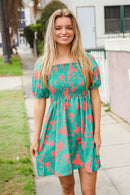 Green/Coral Floral Smocked Dress