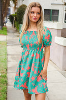 Green/Coral Floral Smocked Dress