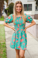 Green/Coral Floral Smocked Dress