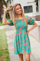 Green/Coral Floral Smocked Dress