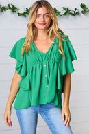 Sea Green Button Ruffle Woven Top (Open Pack)