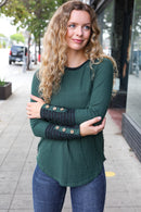 Green Stripe Back Button Sleeve Top