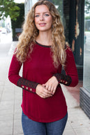 Maroon Stripe Back Button Sleeve Top