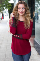 Maroon Stripe Back Button Sleeve Top