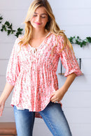 Pink Floral Stripe V Tie Neck Knit Top (Open Pack)