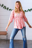 Pink Floral Stripe V Tie Neck Knit Top (Open Pack)