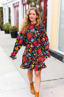 Lock Eyes Black Floral Sequin Print Ruffle Sleeve Frill Mock Neck Dress (Open Pack)