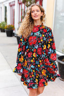 Lock Eyes Black Floral Sequin Print Ruffle Sleeve Frill Mock Neck Dress (Open Pack)