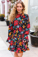 Lock Eyes Black Floral Sequin Print Ruffle Sleeve Frill Mock Neck Dress (Open Pack)
