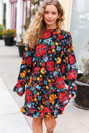 Lock Eyes Black Floral Sequin Print Ruffle Sleeve Frill Mock Neck Dress (Open Pack)