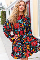 Lock Eyes Black Floral Sequin Print Ruffle Sleeve Frill Mock Neck Dress (Open Pack)