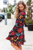 Lock Eyes Black Floral Sequin Print Ruffle Sleeve Frill Mock Neck Dress (Open Pack)