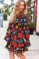 Lock Eyes Black Floral Sequin Print Ruffle Sleeve Frill Mock Neck Dress (Open Pack)