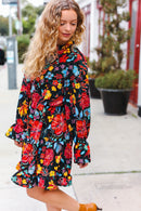 Lock Eyes Black Floral Sequin Print Ruffle Sleeve Frill Mock Neck Dress (Open Pack)