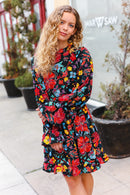 Lock Eyes Black Floral Sequin Print Ruffle Sleeve Frill Mock Neck Dress (Open Pack)