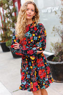 Lock Eyes Black Floral Sequin Print Ruffle Sleeve Frill Mock Neck Dress (Open Pack)