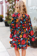 Lock Eyes Black Floral Sequin Print Ruffle Sleeve Frill Mock Neck Dress (Open Pack)