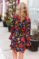 Lock Eyes Black Floral Sequin Print Ruffle Sleeve Frill Mock Neck Dress (Open Pack)