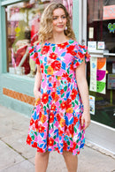 Love Found Pink Floral Smocked Ruffle Sleeve Tiered Dress (Open Pack)